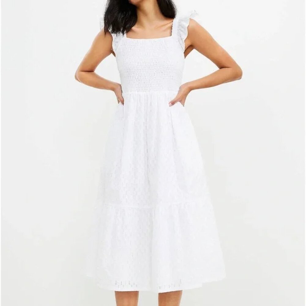 LOFT White Smocked Swiss Dot Midi Pocket Dress M